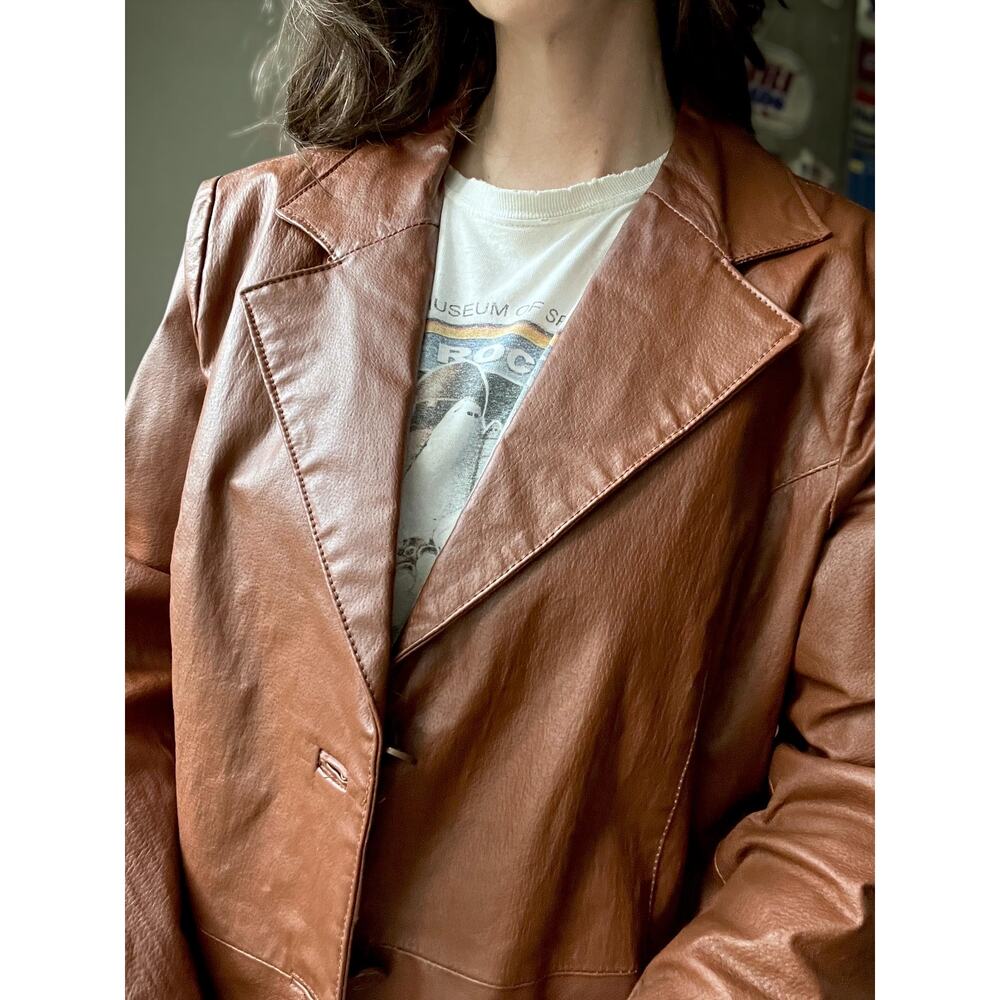 Vintage Brown Leather Blazer | Cognac Brown 3-Button Jacket | Size XL - Picture 4 of 8